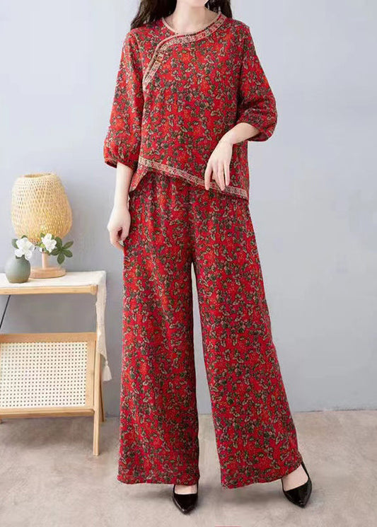 French Red Print Tops And Pants Cotton Two Pieces Set Half Sleeve AU1053