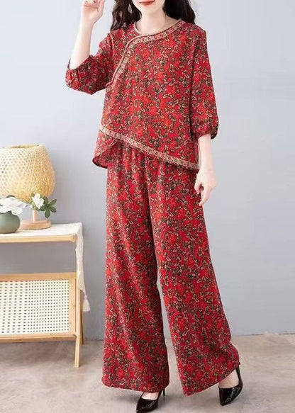 French Red Print Tops und Hosen Baumwolle Zweiteiler Set Halbarm AU1053