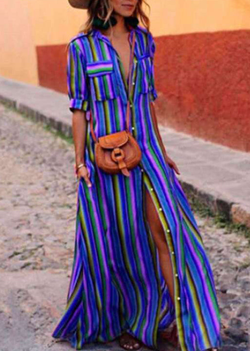 Cotton Striped Dresses Button French Red Shirts Summer