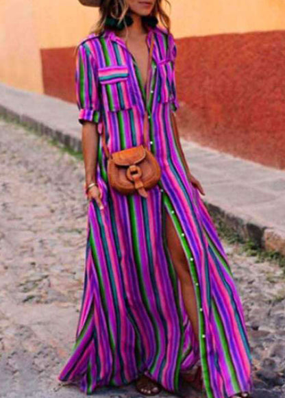 Cotton Striped Dresses Button French Red Shirts Summer