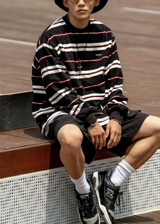 French Mens Red T Striped O-Neck Cotton Spring Shirts