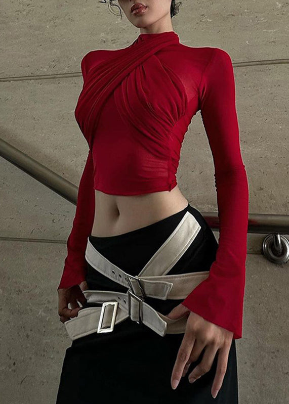 Sheer Spring Top Tulle French Turtleneck Red