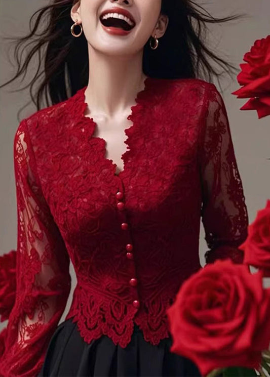 Fit Spring Neck Tops Lace Shirt Slim V Red French