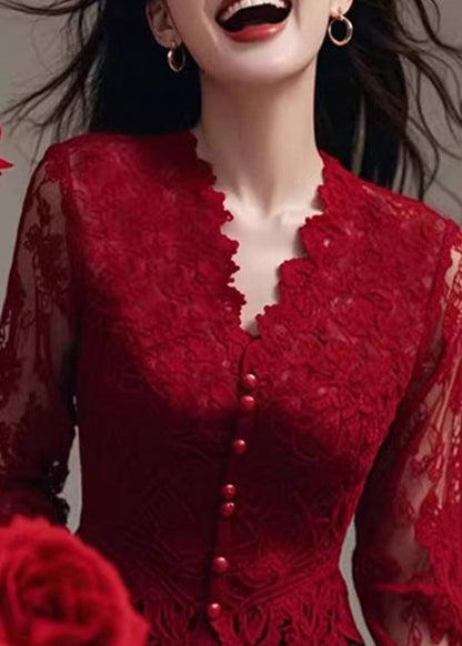Fit Spring Neck Tops Lace Shirt Slim V Red French