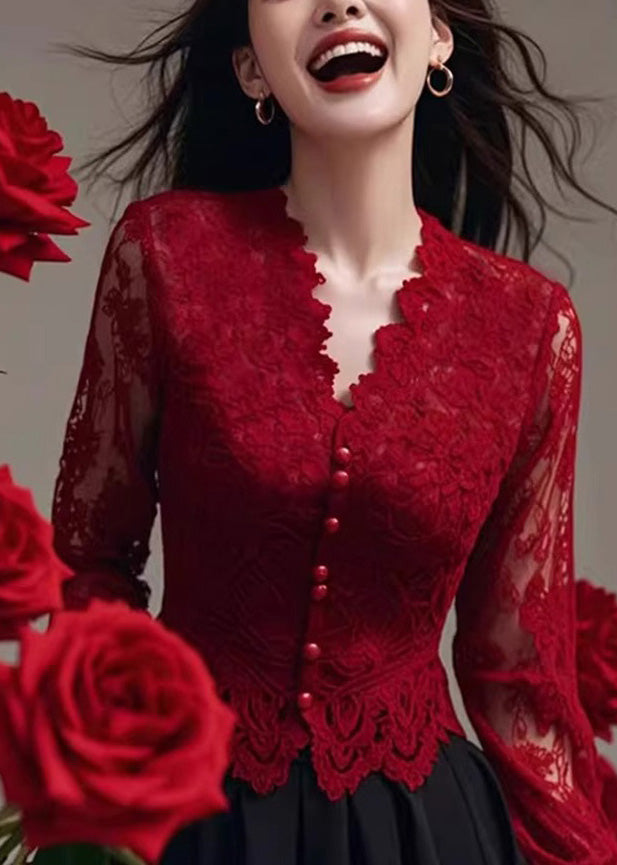 Fit Spring Neck Tops Lace Shirt Slim V Red French