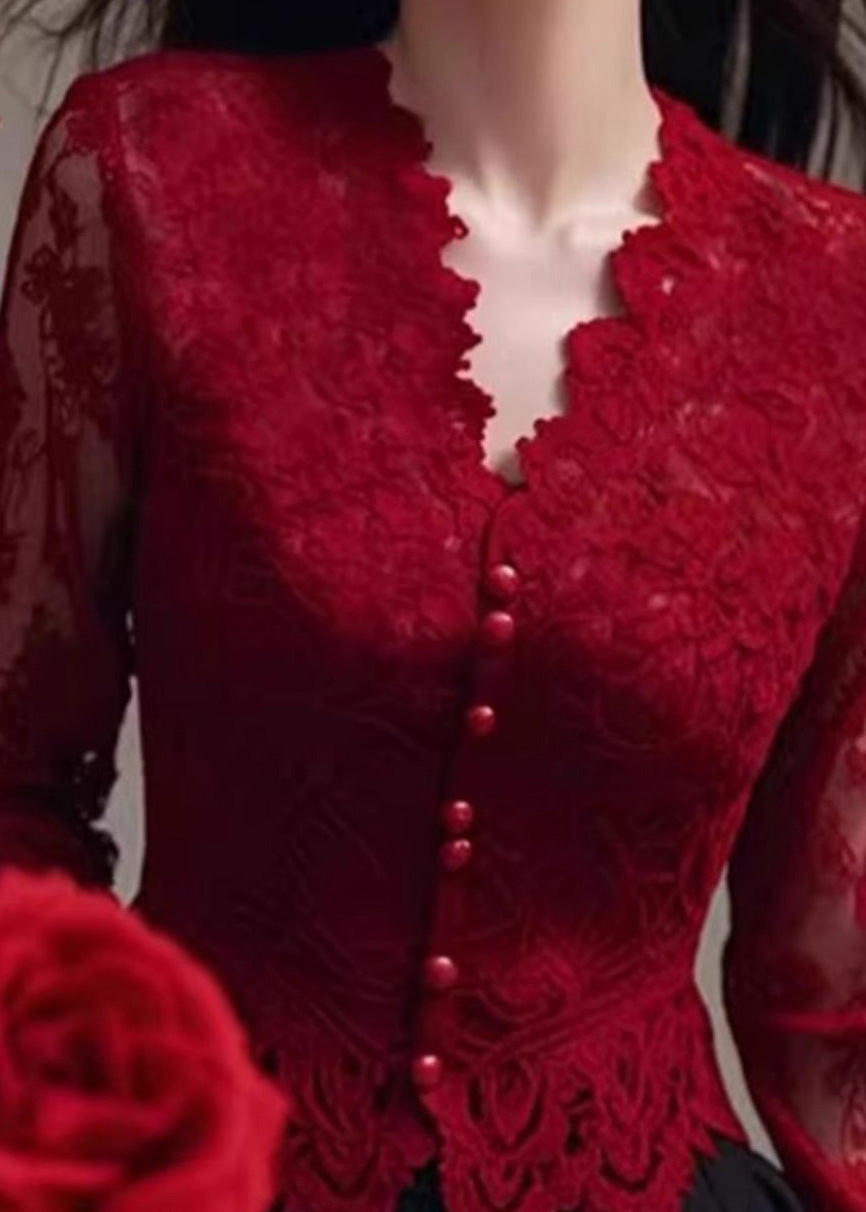 Fit Spring Neck Tops Lace Shirt Slim V Red French