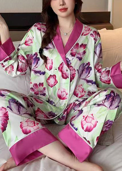 French Rose Peter Pan Collar Print Ice Silk Pajamas 2 Piece Outfit Spring YK018