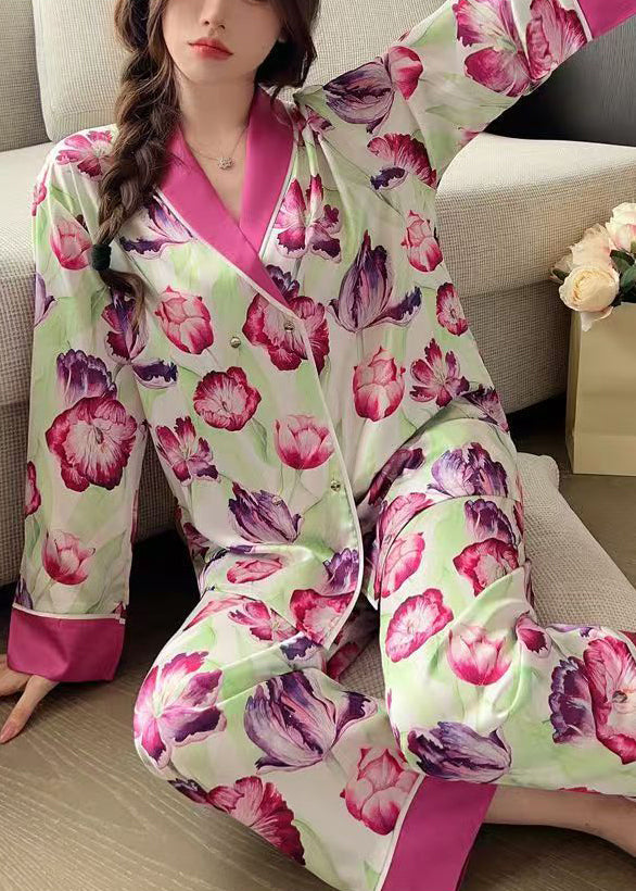 French Rose Peter Pan Collar Print Ice Silk Pajamas 2 Piece Outfit Spring YK018