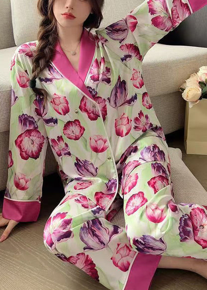 French Rose Peter Pan Collar Print Ice Silk Pajamas 2 Piece Outfit Spring YK018