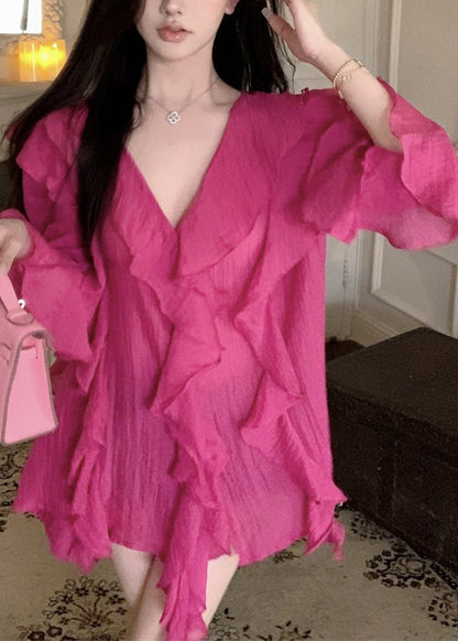 French Rose Ruffled V-neck Flare Sleeve Shirt Top XX038