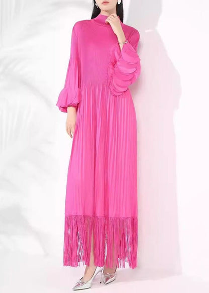 DressesFall Cotton Long Turtleneck Rose Tasseled Wrinkled French