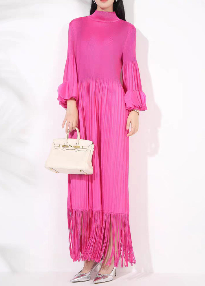 DressesFall Cotton Long Turtleneck Rose Tasseled Wrinkled French