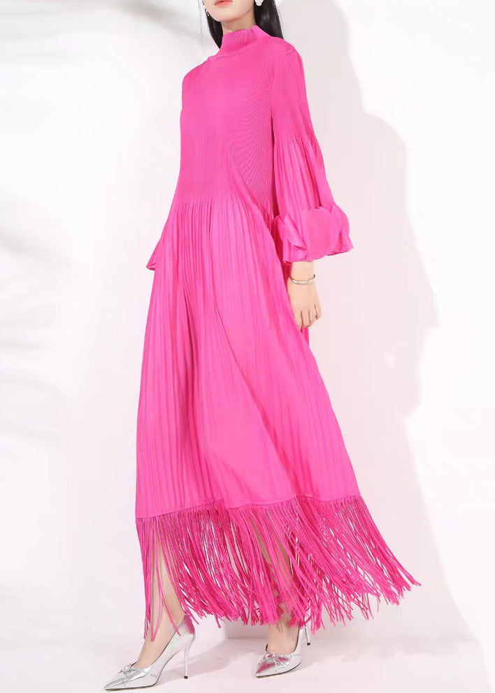 DressesFall Cotton Long Turtleneck Rose Tasseled Wrinkled French