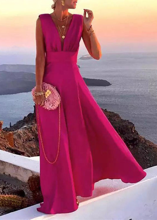 French Rose V Neck Patchwork Chiffon Long Dress Sleeveless TH042