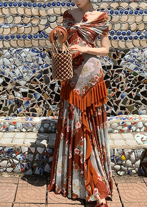 Patchwork Long French Summer Cotton Ruffled Dress Print