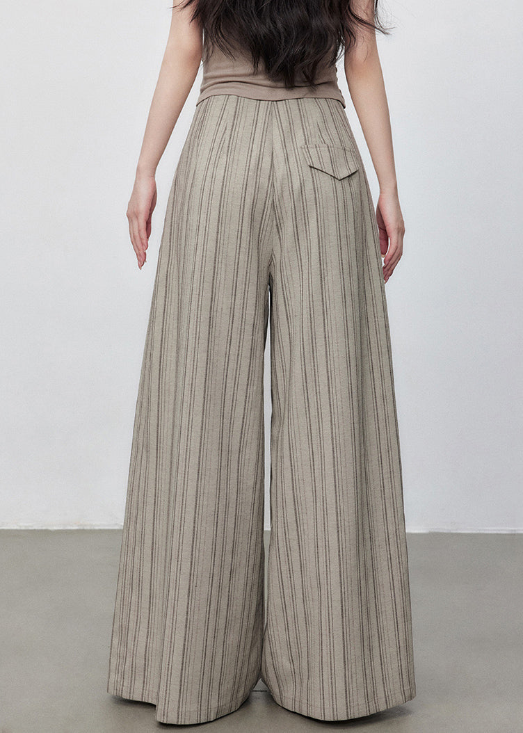 Pockets Cotton Wide Striped Pants French Button Leg Waist High