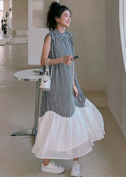 French Striped Stand Collar Patchwork Chiffon Dresses Sleeveless MN034