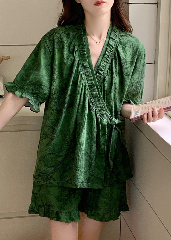 Pajama Sets Ruffled French Cotton Tea Green Print Summer
