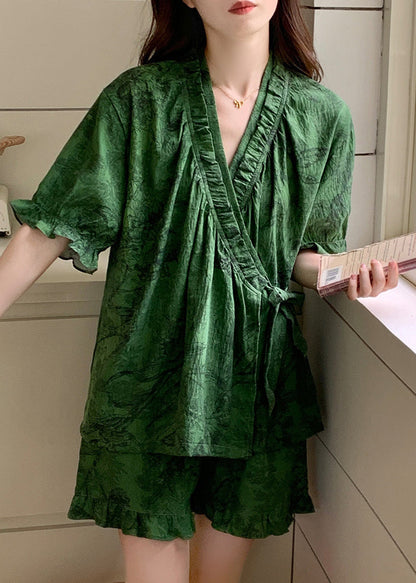 Pajama Sets Ruffled French Cotton Tea Green Print Summer
