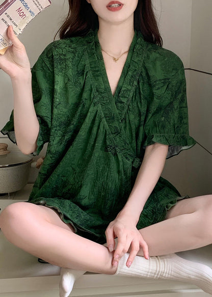 Pajama Sets Ruffled French Cotton Tea Green Print Summer