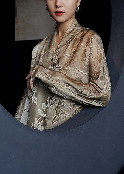 French V Shirts Fall Dresses Neck Button Silk Print