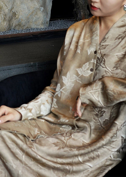 Button Silk Neck Shirts Print Dresses V Fall French