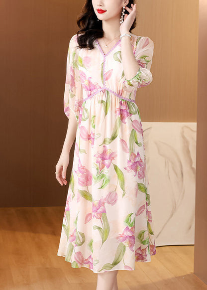 French V Neck Print Silk Dresses Lantern Sleeve BB013