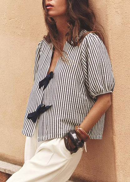 Neck Bow French Shirt V Summer Striped Cotton