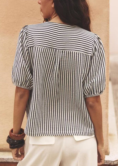 Neck Bow French Shirt V Summer Striped Cotton