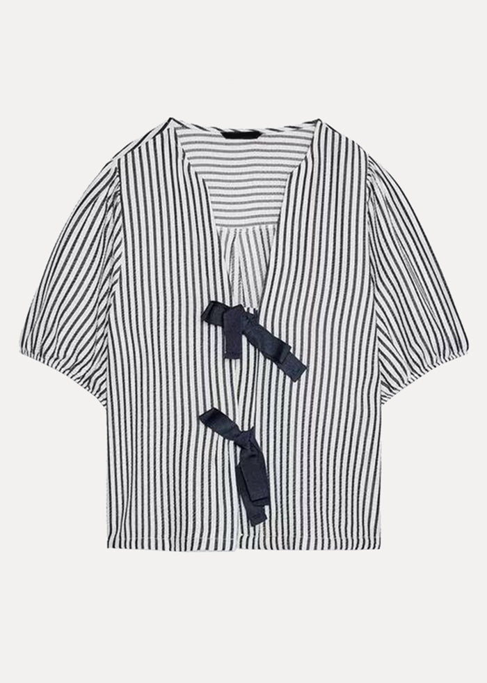 Neck Bow French Shirt V Summer Striped Cotton
