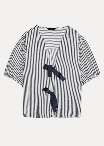 Neck Bow French Shirt V Summer Striped Cotton