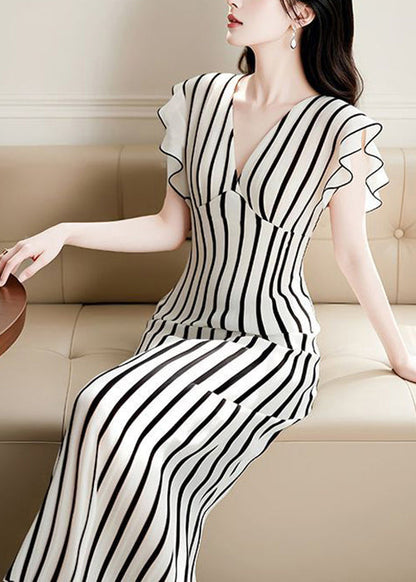 High Dress Waist Chiffon Summer V French Striped Neck