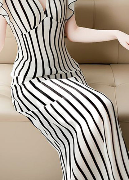 High Dress Waist Chiffon Summer V French Striped Neck