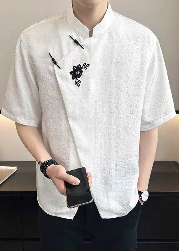 Cotton Embroideried French T Summer Mens Asymmetrical White Shirt