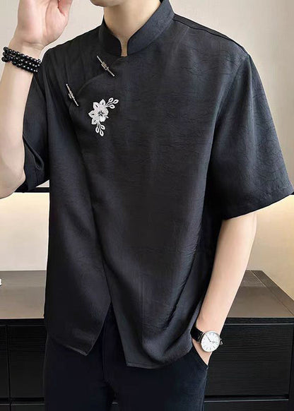 Cotton Embroideried French T Summer Mens Asymmetrical White Shirt