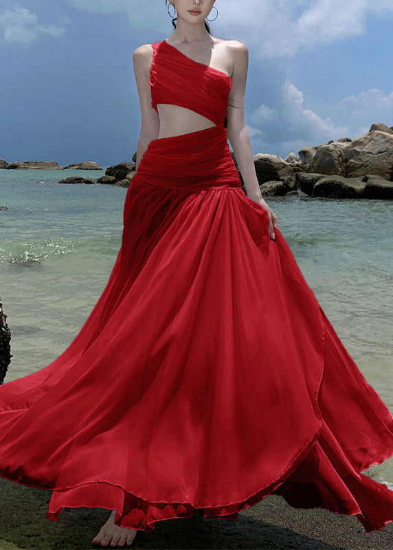 Wrinkled French White Asymmetrical Vacation Chiffon Dresses