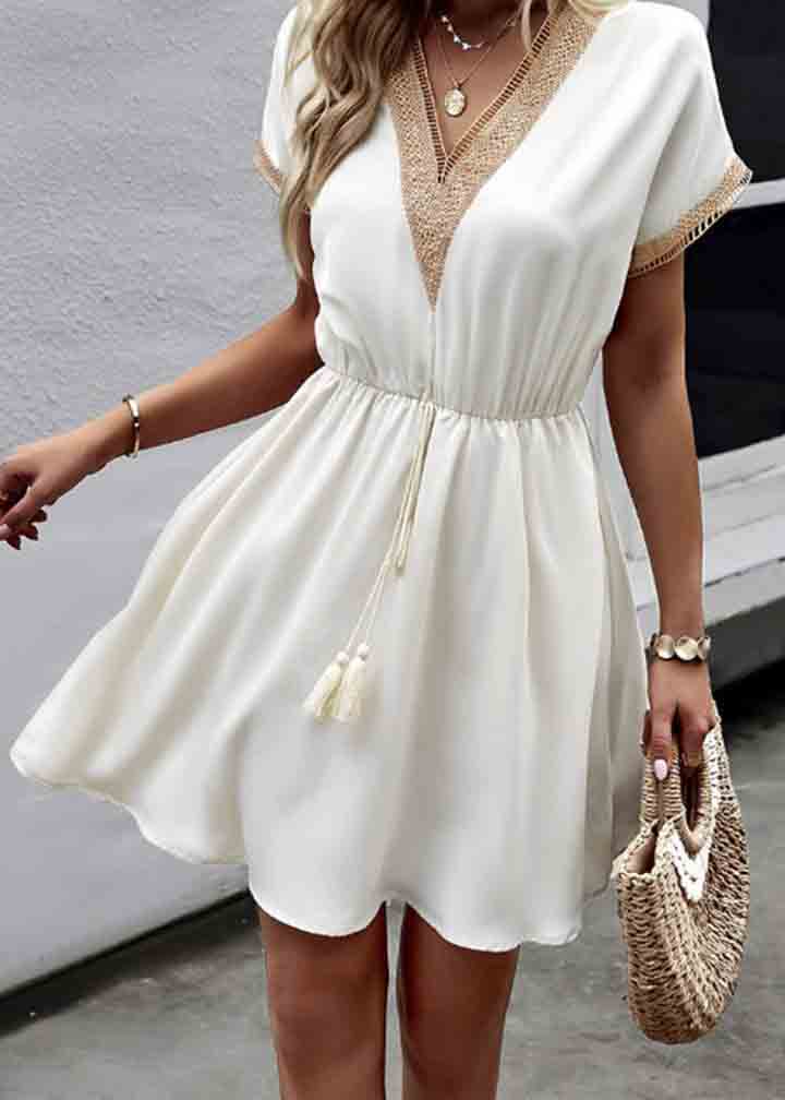 Lace Summer White French Dress Cinched Patchwork Mini