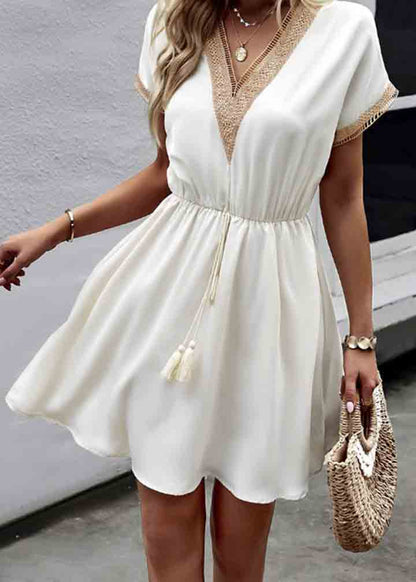 Lace Summer White French Dress Cinched Patchwork Mini