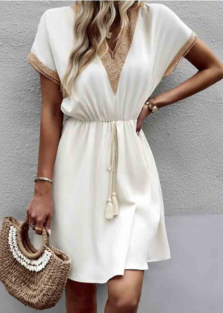 Lace Summer White French Dress Cinched Patchwork Mini