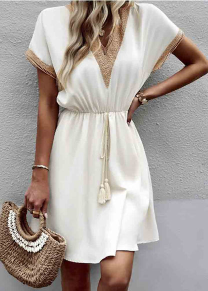Lace Summer White French Dress Cinched Patchwork Mini