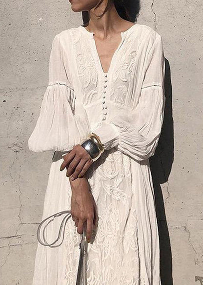 Lantern Long High Embroidered Dress Waist White Sleeve French