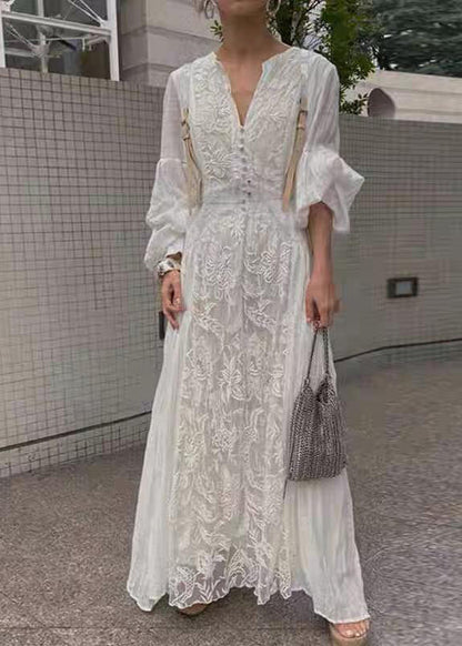 Lantern Long High Embroidered Dress Waist White Sleeve French