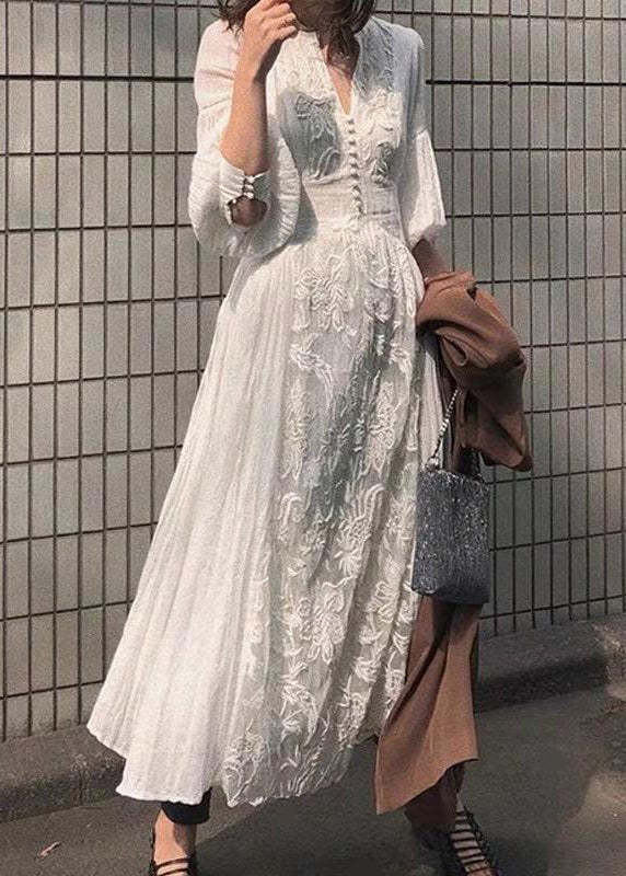Lantern Long High Embroidered Dress Waist White Sleeve French