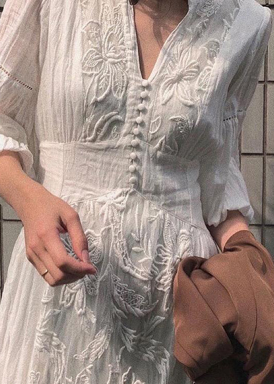 Lantern Long High Embroidered Dress Waist White Sleeve French