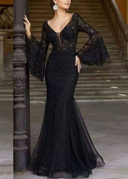 Embroidered Sleeve French Fishtail Flare Dresses Lace Solid White