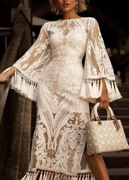 French White Embroidered Tasseled Lace Dress Two Pieces Set Fall QR015