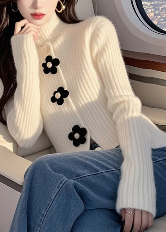 French White Hign Neck Floral Knit Sweaters Top Spring TN018