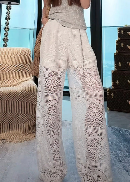 French White Hollow Out Pockets Elastic Waist Lace Pants Summer AB1012