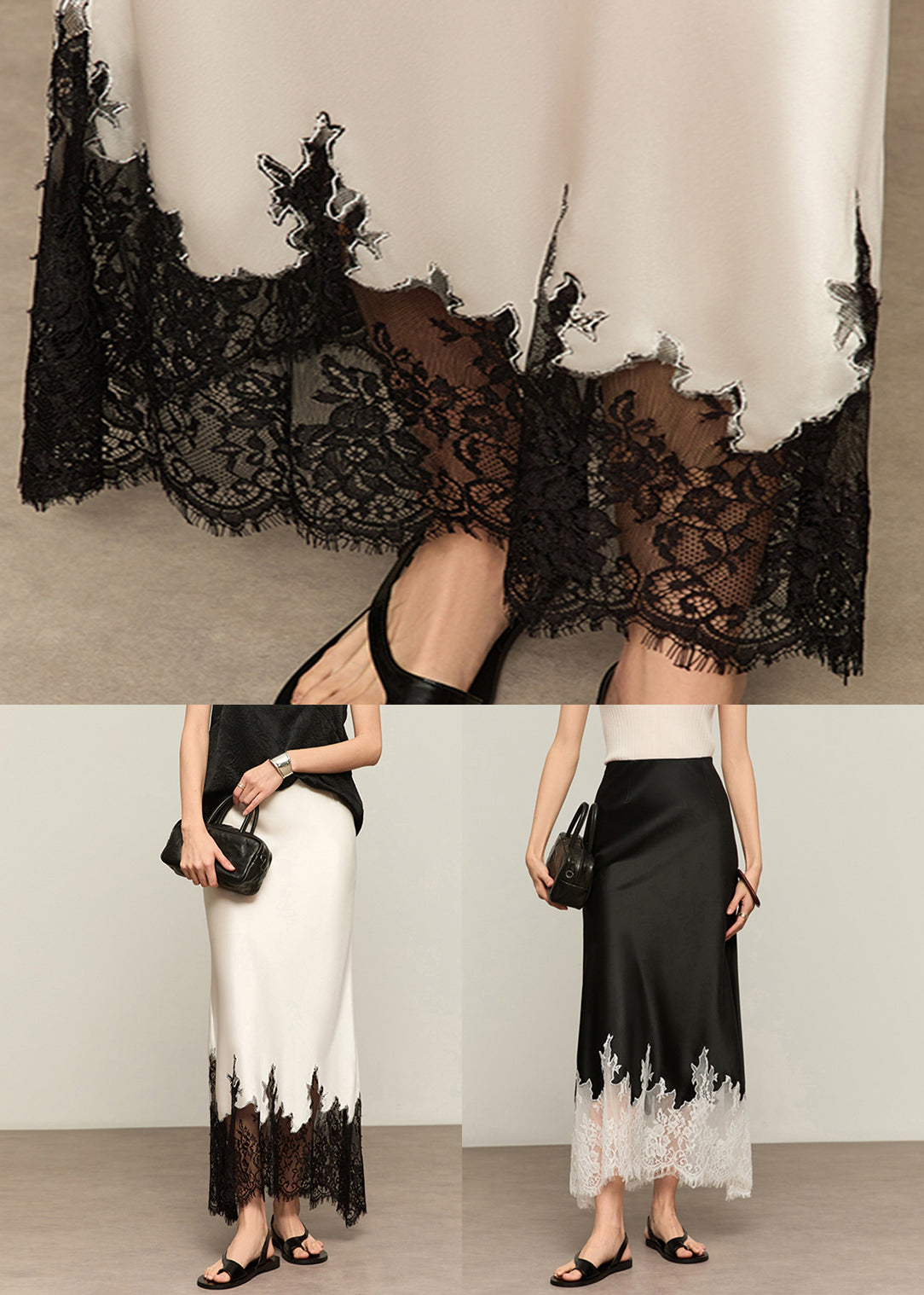 Waist Silk Lace Patchwork White Skirts Summer French High