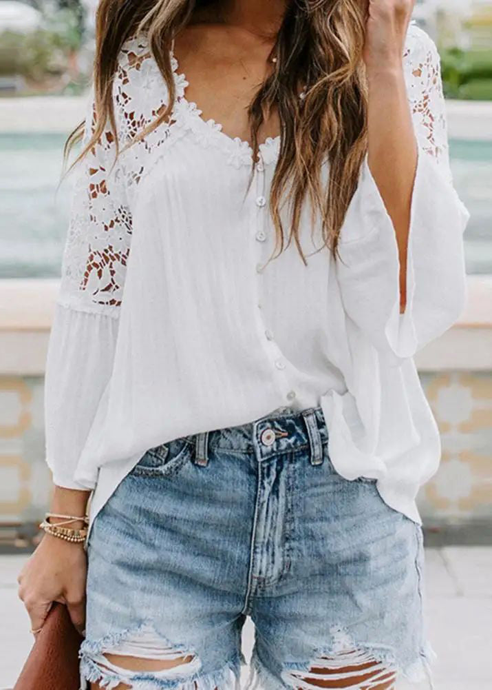 Shirts White Patchwork Flare French Sleeve Lace